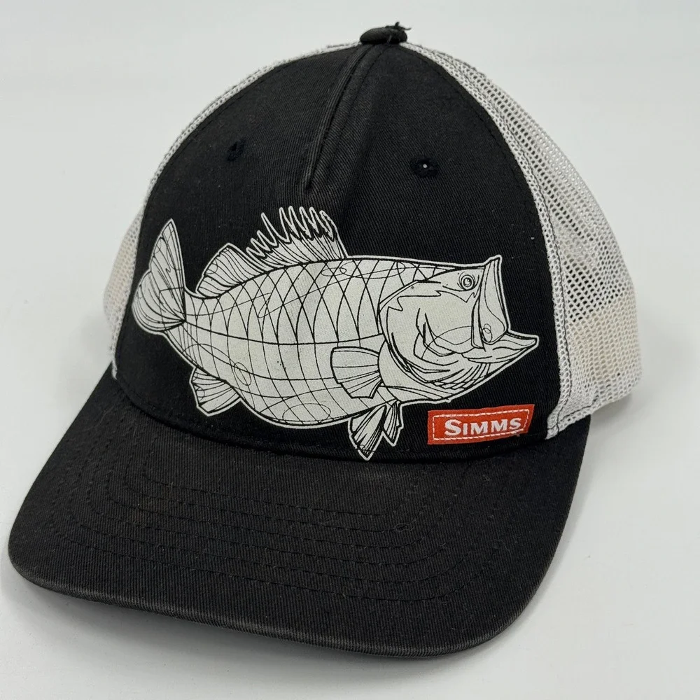 Simms Fishing Products Trucker Hat Mens OSFA Black White Bass Fish Snapback - Picture 9 of 9